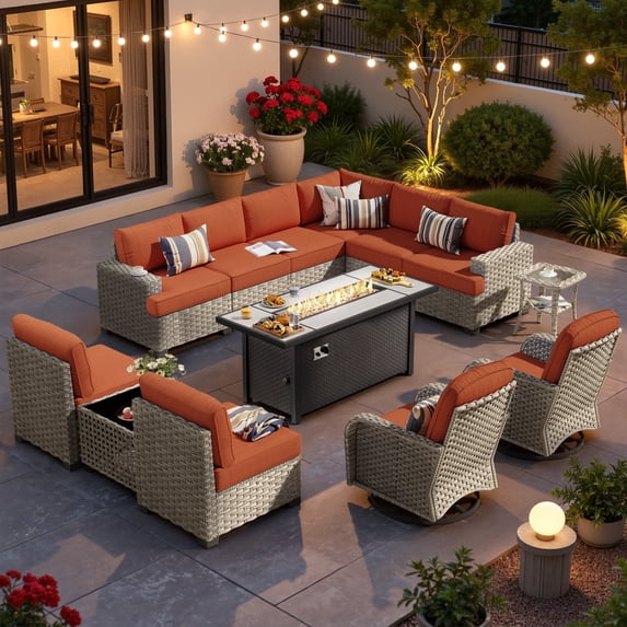 XIZZI Outdoor Furniture Patio Set with Fire Pit Table Swivel Rocking Chair, Wicker Outdoor Sectional Sofa Conversation Set with Solar Coffee Table for Patio, Garden, Large Villa, Orange