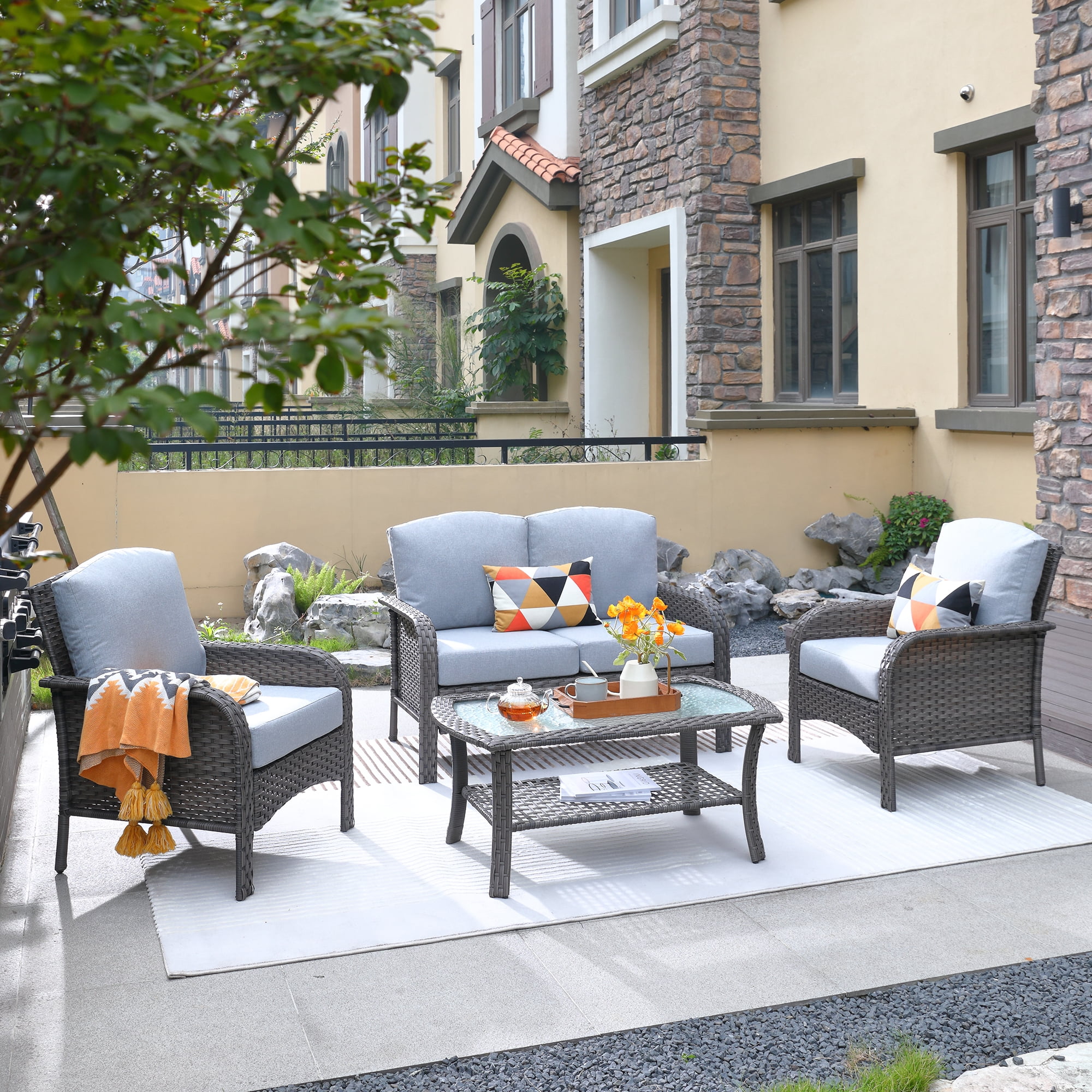Gray 4-Piece Rattan Sofa Seating Group with Cushions