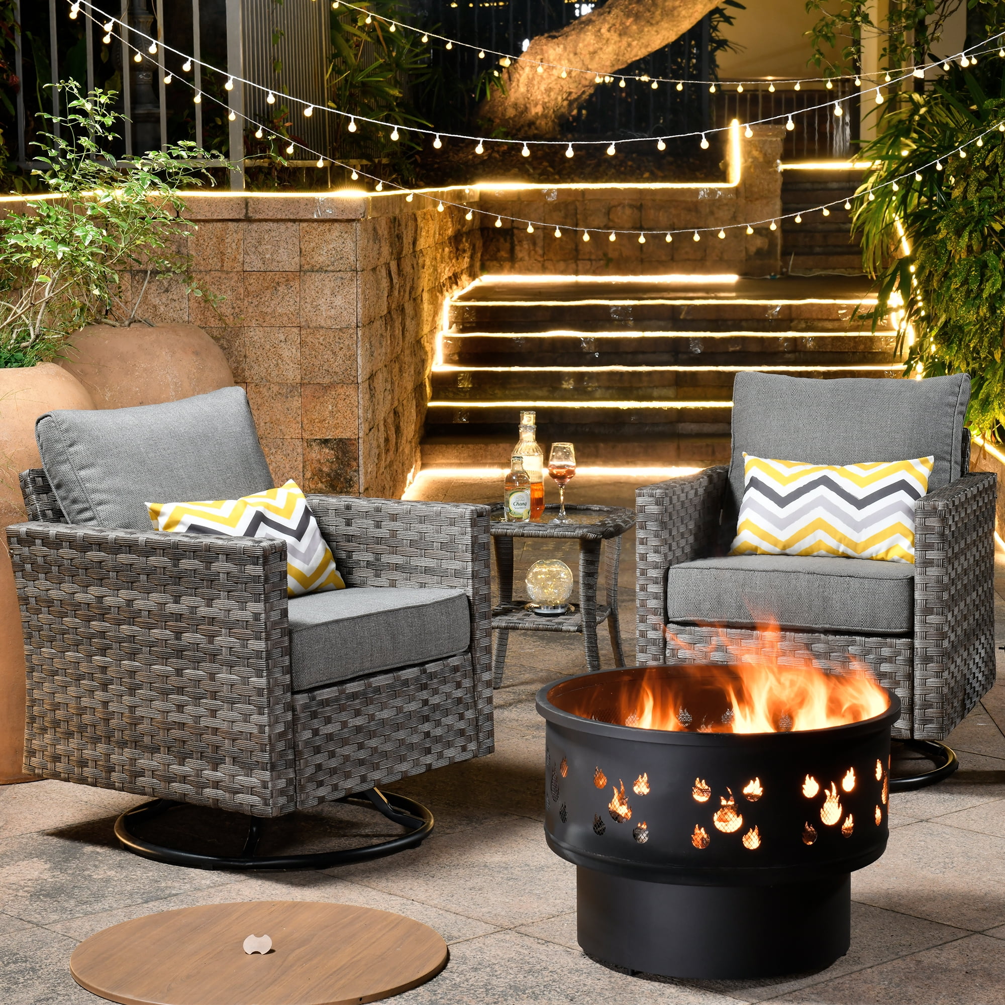 HOOOWOOO 4 Piece Outdoor Bistro Set Wicker Rattan Patio Conversation Set with Swivel Rocker and Wood Burning Fire Pit Table Grey