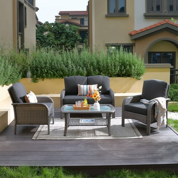XIZZI 4-Piece Rattan Outdoor Conversation Set Loveseat Sofa with Cushions,Black