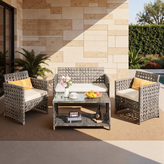 XIZZI 4-Piece Rattan Outdoor Conversation Set Loveseat Sofa with Cushions,Beige
