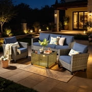 XIZZI Outdoor Patio Furniture Sets with Solar Coffee Table, All-Weather Wicker Rattan Outdoor Furniture Conversation Set for Porch, Patio, Backyard--Blue