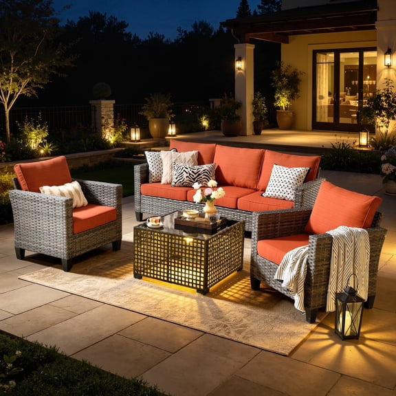 XIZZI Outdoor Patio Furniture Sets with Solar Coffee Table, All-Weather Wicker Rattan Outdoor Furniture Conversation Set for Porch, Patio, Backyard-Orange Red