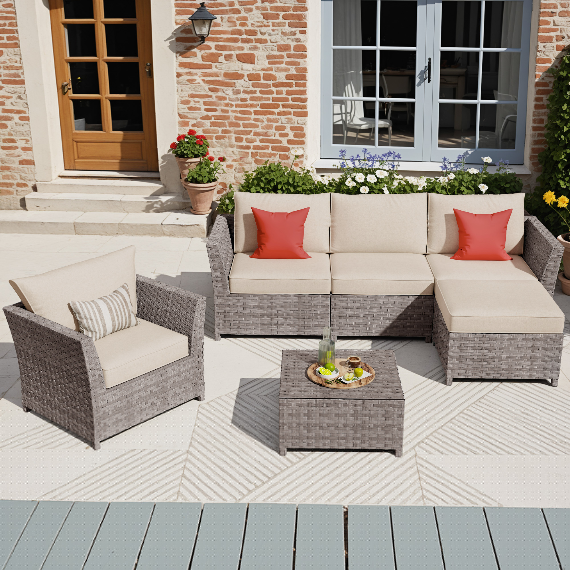 XIZZI 6-Pieces Outdoor Patio Furniture Sets Fully Assembled, Rattan All-weather Outdoor Sectional Conversation Sofa set with Coffee Table for Garden Backyard, Beige Stripe Cushion