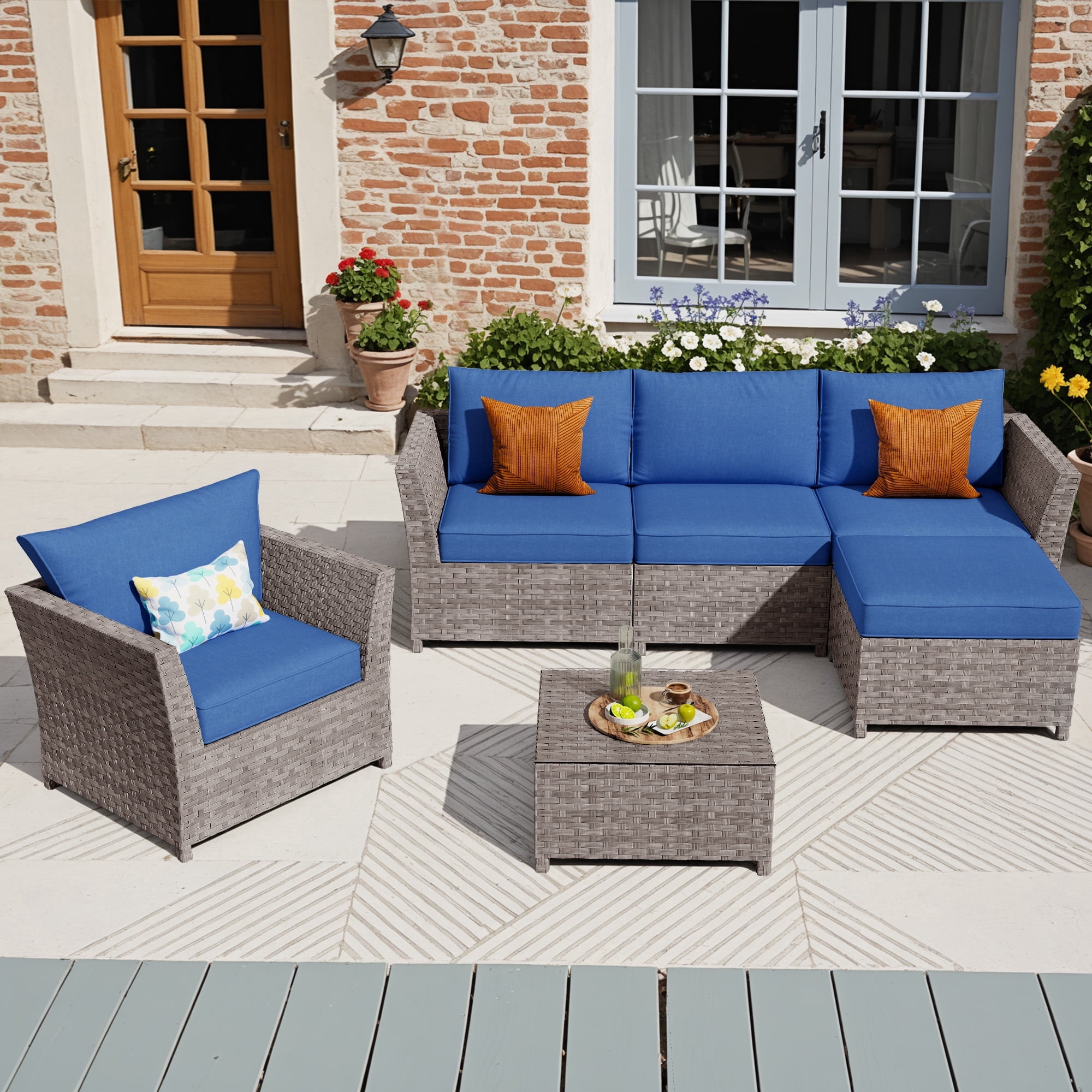 XIZZI 6-Pieces Outdoor Patio Furniture Sets Fully Assembled, Rattan All-weather Outdoor Sectional Conversation Sofa set with Coffee Table for Garden Backyard, Blue Cushion