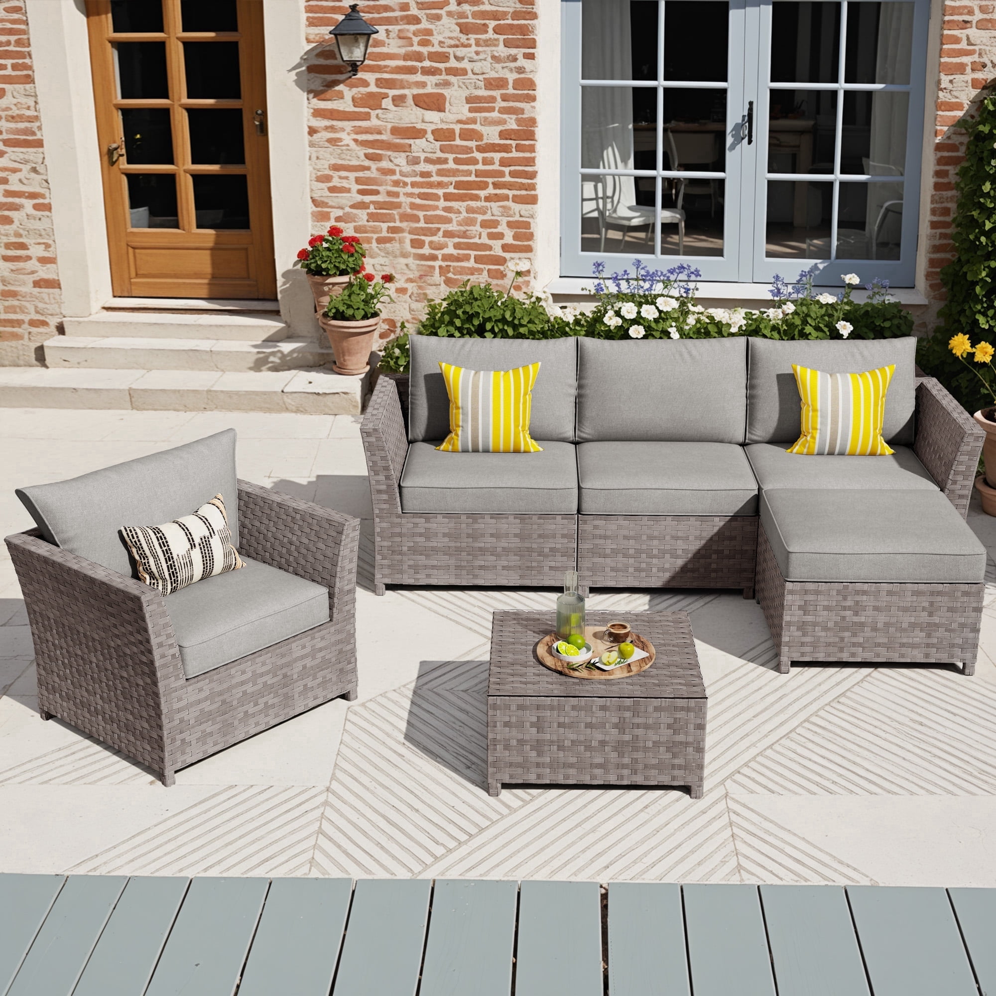 XIZZI 6-Pieces Outdoor Patio Furniture Sets Fully Assembled, Rattan All-weather Outdoor Sectional Conversation Sofa set with Coffee Table for Garden Backyard, Grey Cushion