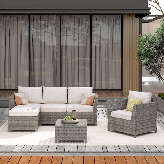 XIZZI 6-Pieces Outdoor Patio Furniture Sets Fully Assembled, Rattan All-weather Outdoor Sectional Conversation Sofa set with Coffee Table for Garden Backyard, Beige Cushion
