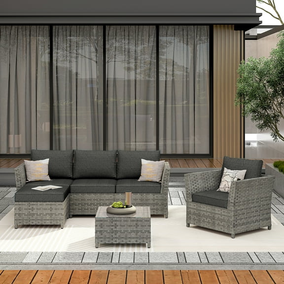XIZZI 6 Pieces Patio Furniture Fully Assembled Set Grey PE Rattan Wicker Outdoor All-weather Conversation Sectional Sofa with Coffee Table,Black Cushion