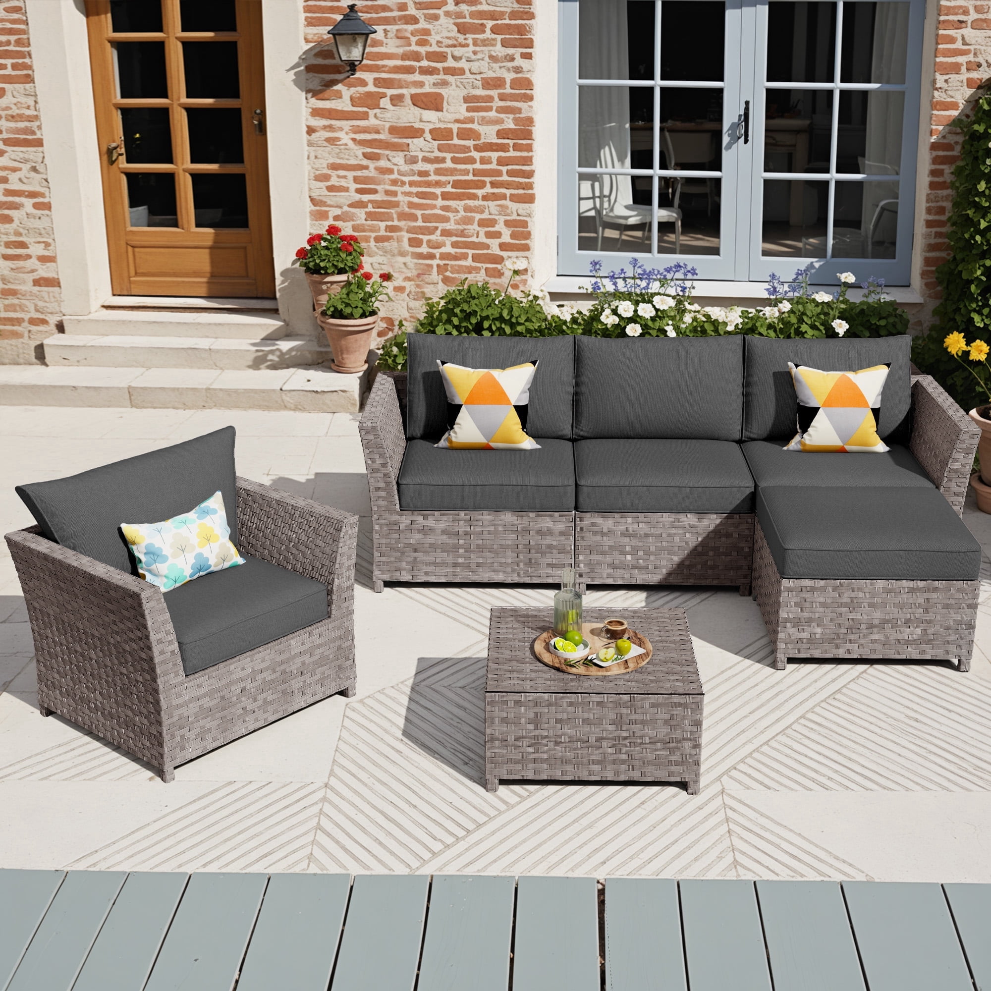 XIZZI 6-Pieces Outdoor Patio Furniture Sets Fully Assembled, Rattan All-weather Outdoor Sectional Conversation Sofa set with Coffee Table for Garden Backyard, Black Cushion