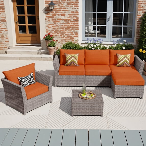 XIZZI 6-Pieces Outdoor Patio Furniture Sets Fully Assembled, Rattan All-weather Outdoor Sectional Conversation Sofa set with Coffee Table for Garden Backyard, Orange Cushion