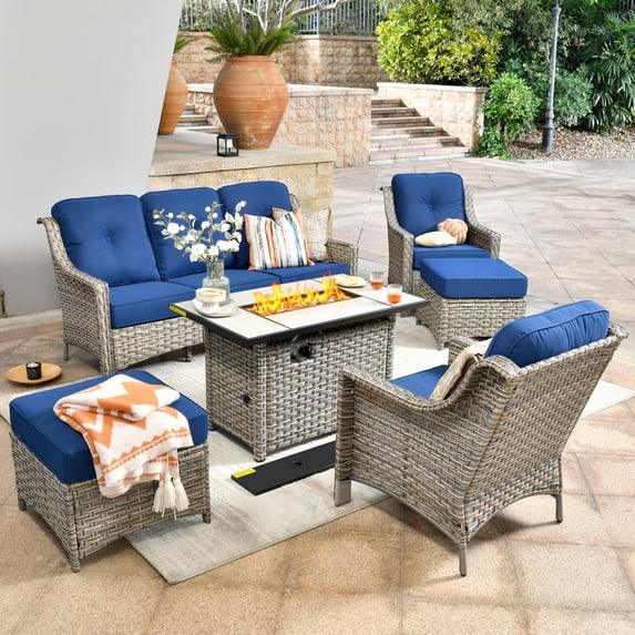 XIZZI 6 Pieces Patio Outdoor Furniture Sets All Weather Wicker Sofa Couch with 43" Gas Propane Fire Pit Table,Blue