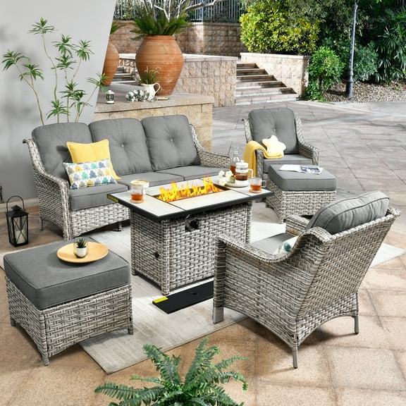XIZZI 6 Pieces Patio Outdoor Furniture Sets All Weather Wicker Sofa Couch with 43" Gas Propane Fire Pit Tableļ¼Dark Grey