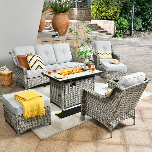 XIZZI 6 Pieces Patio Outdoor Furniture Sets All Weather Wicker Sofa Couch with 43" Gas Propane Fire Pit Table，Grey