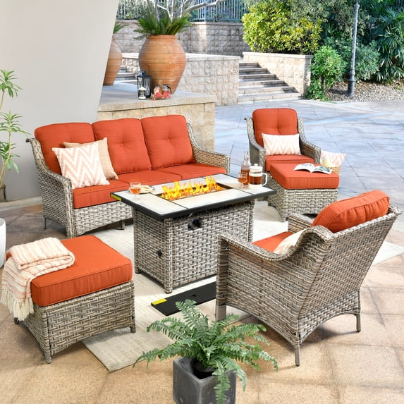 XIZZI 6 Pieces Patio Outdoor Furniture Sets All Weather Wicker Sofa Couch with 43" Gas Propane Fire Pit Table,Orange