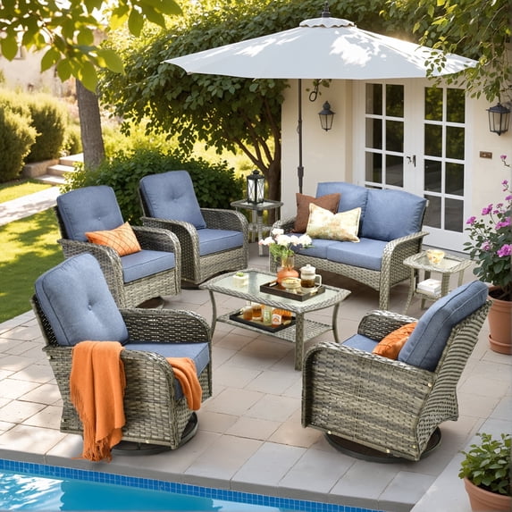 XIZZI 8-Piece Patio Furniture Outdoor Conversation Set with 4 Swivel Rocking Chair,All-Weather Wicker rattan Outdoor Furniture sets for Backyard, Porch, Patio-Blue