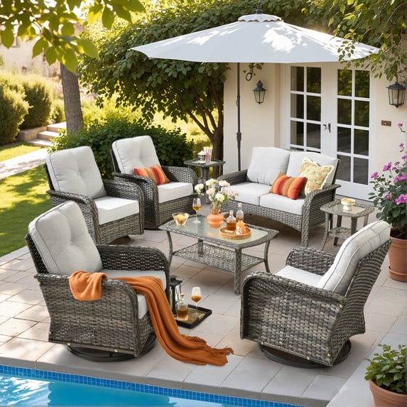 XIZZI 8-Piece Patio Furniture Outdoor Conversation Set with 4 Swivel Rocking Chair,All-Weather Wicker rattan Outdoor Furniture sets for Backyard, Porch, Patio-Light Gray
