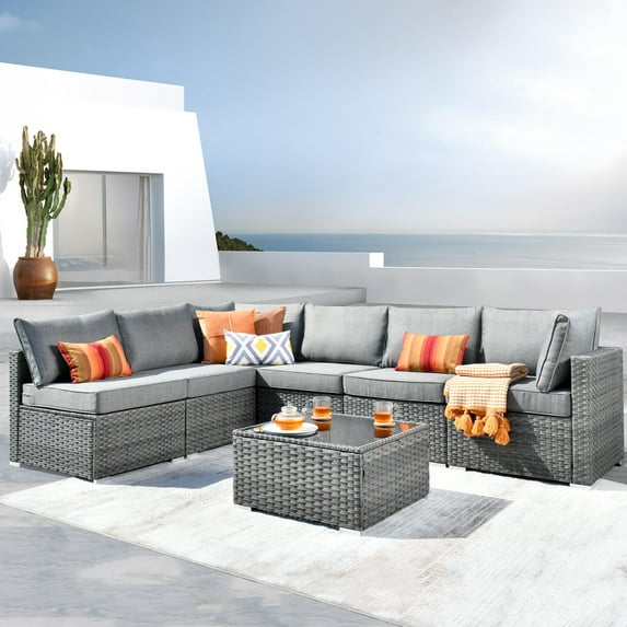 XIZZI 7 Pieces Patio Furniture Set Wicker Rattan Conversation Set with Coffee Table,Dark Grey