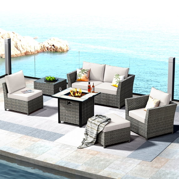 XIZZI 7 Pieces Patio Outdoor Furniture Set,All-Weather Conversation Wicker Set Sectional Sofa with Fire Pit and Coffee Table,Beige