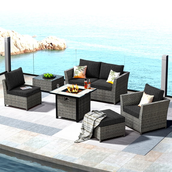 XIZZI 7 Pieces Patio Outdoor Furniture Set,All-Weather Conversation Wicker Set Sectional Sofa with Fire Pit and Coffee Table,