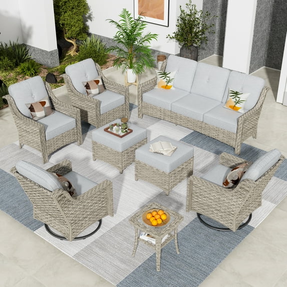 XIZZI 8 Piece Outdoor Furniture Set Patio Conversation Sofa Set with Swivel Rocking Chair for backyard,Grey