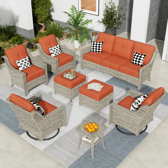 XIZZI 8 Piece Outdoor Furniture Set Patio Conversation Sofa Set with Swivel Rocking Chair for backyard,Red