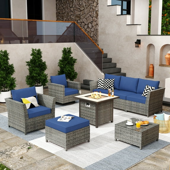 XIZZI 8 Pieces Outdoor Patio Furniture Set with Swivel Rocking Chairs and Square Fire Pit,All Weather PE Rattan Wicker Patio Sectional Sofa Conversation Set for Garden,Blue