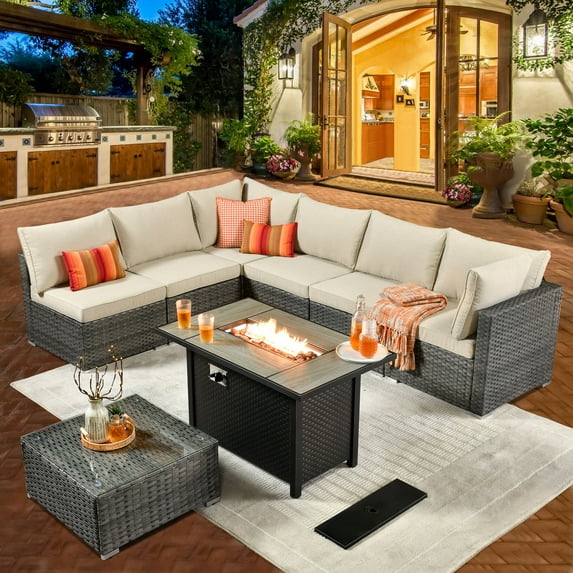 XIZZI 8 Pieces Patio Furniture Set Wicker Rattan Conversation Set with Propane Gas Fire Pit Table,Beige