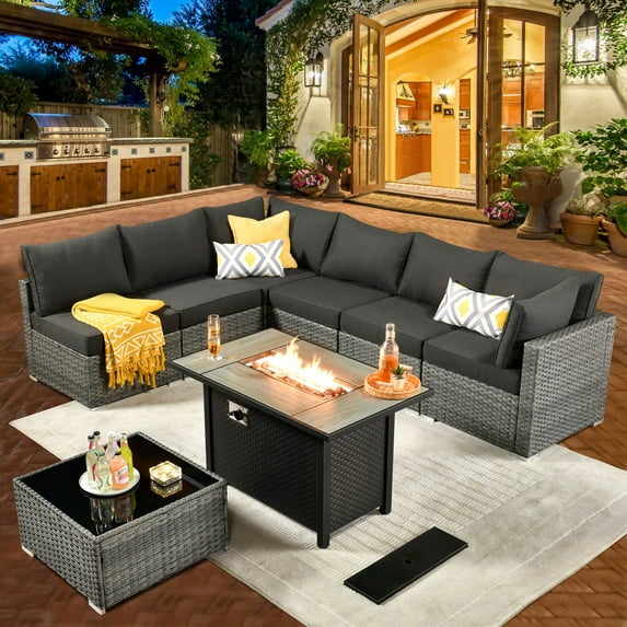 XIZZI 8 Pieces Patio Furniture Set Wicker Rattan Conversation Set with Propane Gas Fire Pit Table,Black