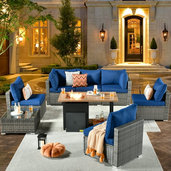 XIZZI 8 Pieces Patio Furniture Set Wicker Rattan Conversation Set with Propane Gas Fire Pit Table,Blue