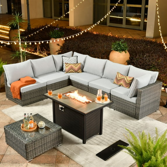 XIZZI 8 Pieces Patio Furniture Set Wicker Rattan Conversation Set with Propane Gas Fire Pit Table,Grey