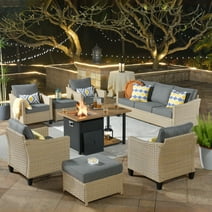 HOOOWOOO 8PCS Patio Converstion Set,Wicker Outdoor Furniture Set with Gas Fire Pit,Grey