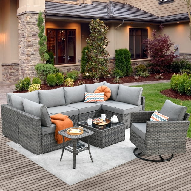 HOOOWOOO 9-Piece Patio Wicker Rattan Funiture Conversation Set Deep ...