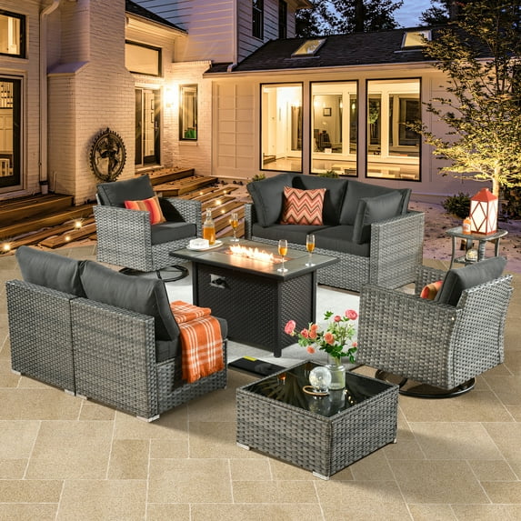 XIZZI 9 Pieces Outdoor Furniture Sectional Sofa Patio Set with Swivel Rocking Chair and Fire Pit Table,Black