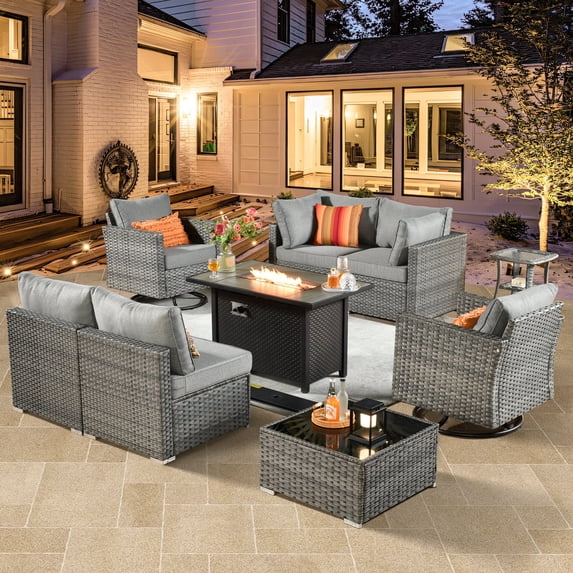 XIZZI 9 Pieces Outdoor Furniture Sectional Sofa Patio Set with Swivel Rocking Chair and Fire Pit Table,Dark Grey
