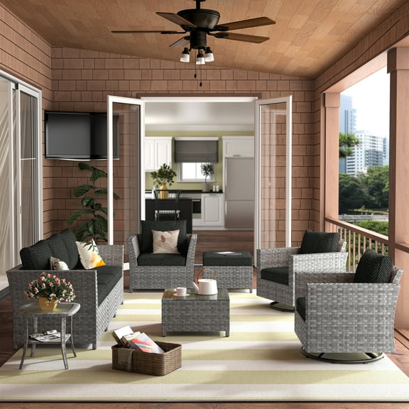 XIZZI 9PCS Patio Furniture Set Cushioned Conversation Set Rattan Wicker Sofa with Corner Table Swivel Rocking Chair,Black