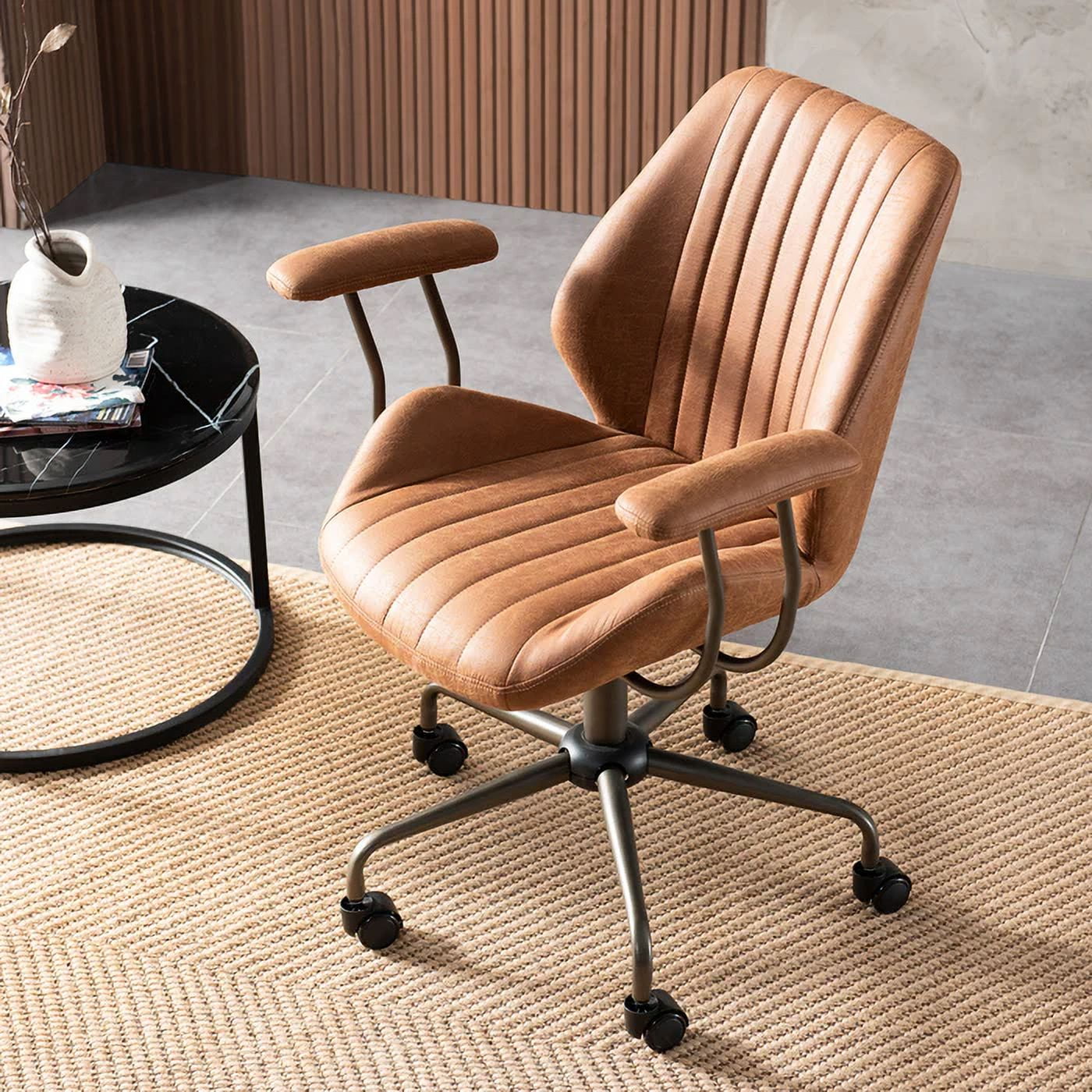XIZZI Ergonomic Office Chair with Wheels Suede Fabric Swivel Gaming Chair,Modern Adjustable Computer Chairs with Armrest-Light Brown