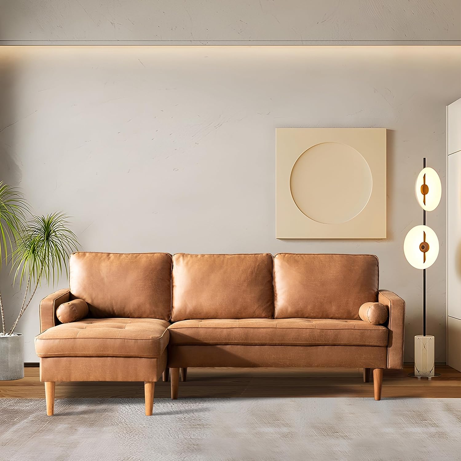 Bonded Leather Sectional Sofa, Light Brown