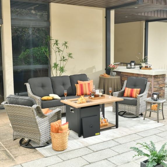 XIZZI Outdoor Conversation Furniture Set 3-seat Sofa Set with Swivel Rocking Chair and Gas Fire Pit Table,Black