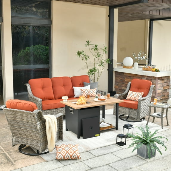 XIZZI Outdoor Conversation Furniture Set 3-seat Sofa Set with Swivel Rocking Chair and Gas Fire Pit Table,Orange
