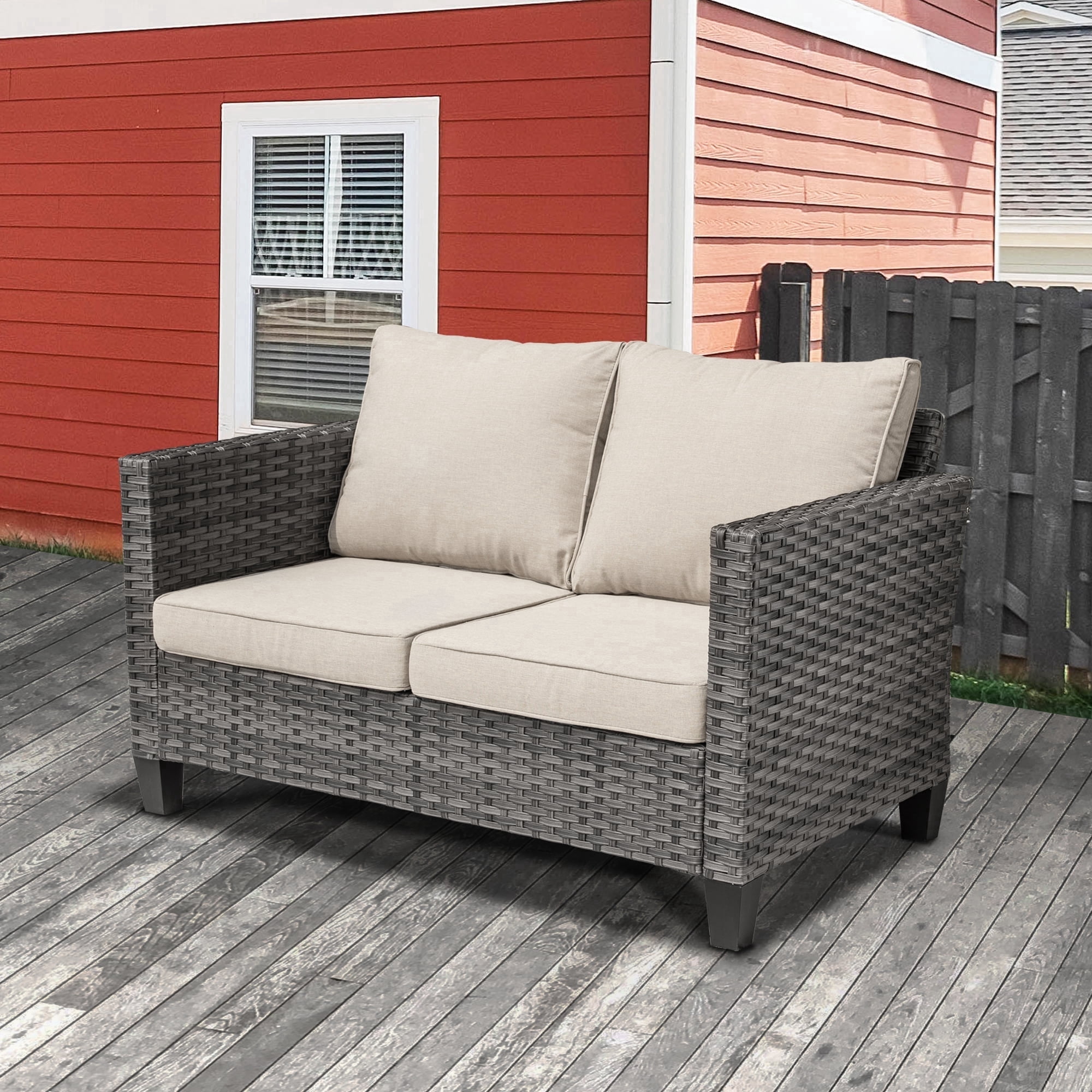 XIZZI Outdoor Furniture 50" Loveseat Sofa Couch with Gray Wicker Rattan(Beige Cushion)