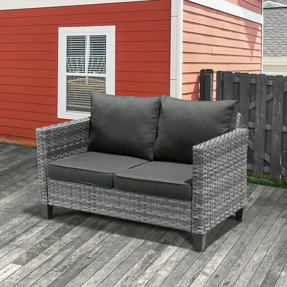XIZZI Outdoor Furniture 50" Loveseat Sofa Couch with Gray Wicker Rattan(Black Cushion)