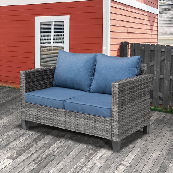 XIZZI Outdoor Furniture 50" Loveseat Sofa Couch with Gray Wicker Rattan(Blue Cushion)