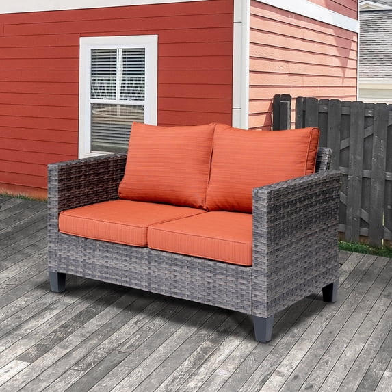 XIZZI Outdoor Furniture 50" Loveseat Sofa Couch with Gray Wicker Rattan(Orange Cushion)