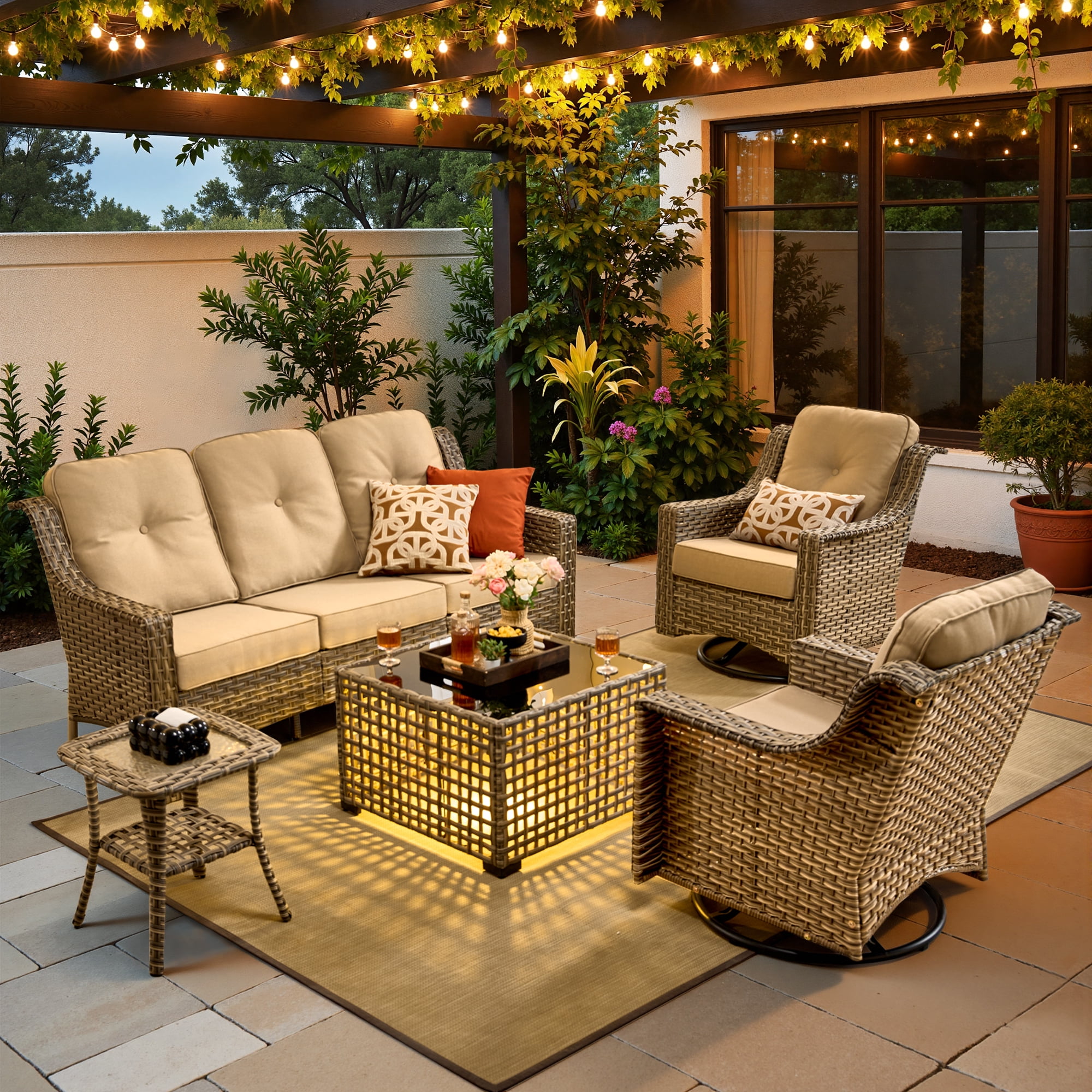 XIZZI Outdoor Furniture Patio Furniture Set 5 Piece Patio Conversation Set with Solar Coffee Table,Swivel Rocking Chair,Side Table-Beige