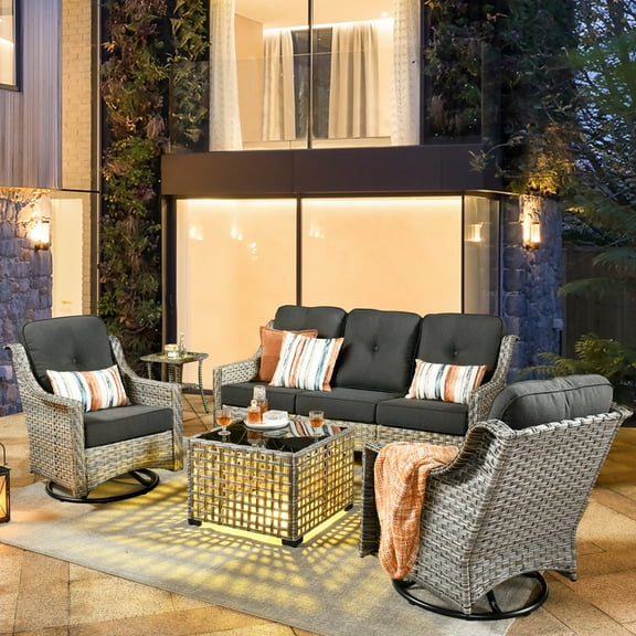 XIZZI Outdoor Furniture Patio Furniture Set 5 Piece Patio Conversation Set with Solar Coffee Table,Swivel Rocking Chair,Side Table-Black