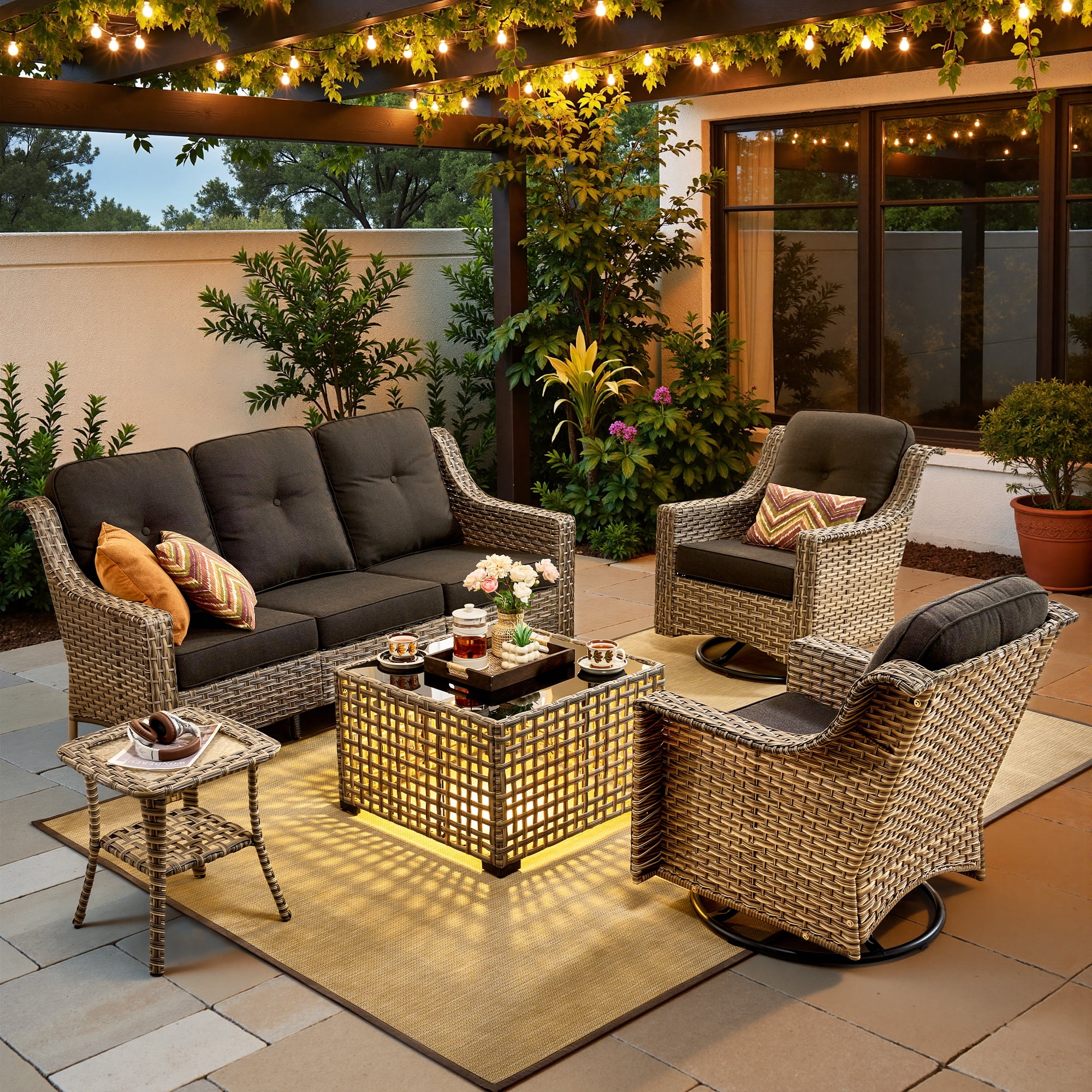 XIZZI Outdoor Furniture Patio Furniture Set 5 Piece Patio Conversation Set with Solar Coffee Table,Swivel Rocking Chair,Side Table-Black