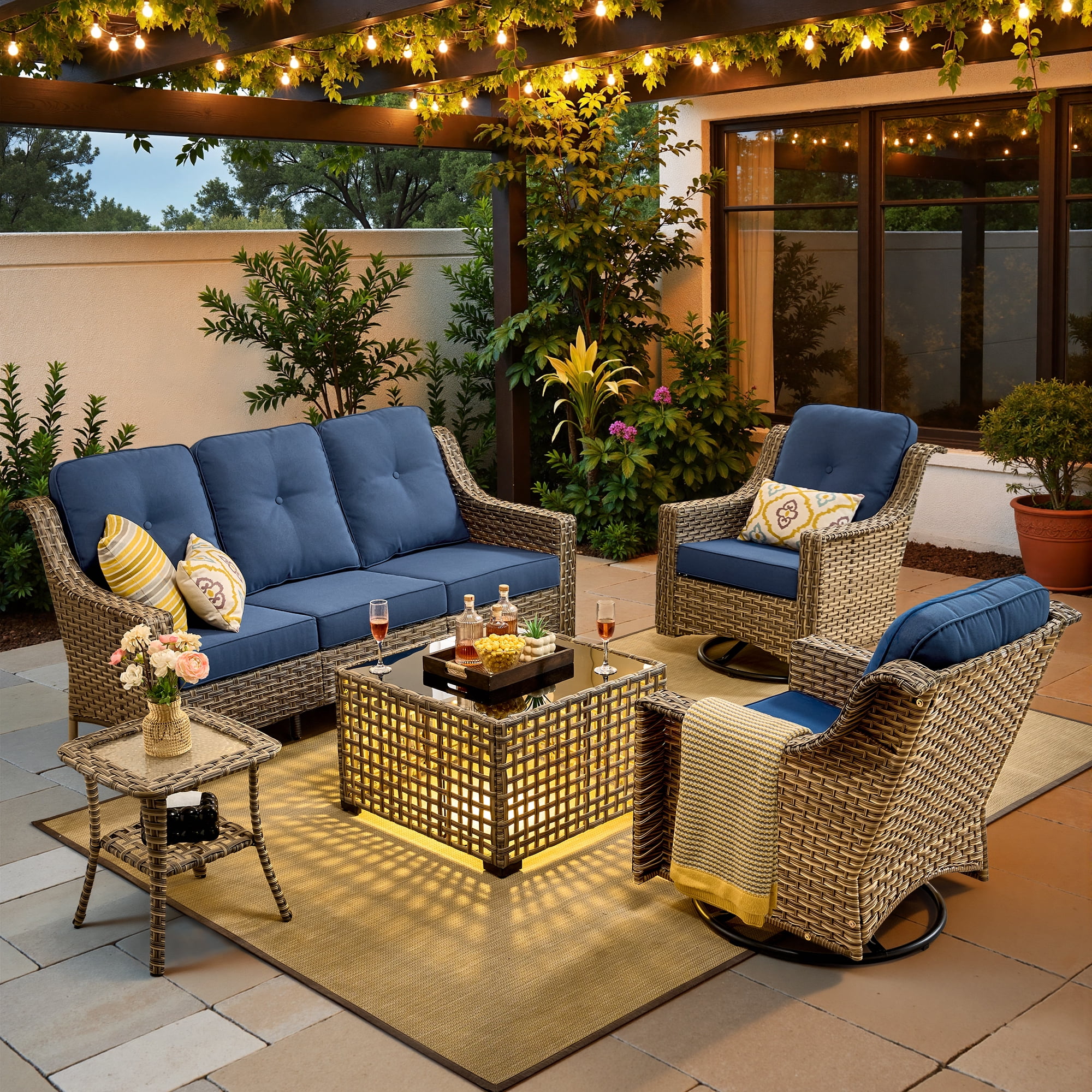 XIZZI Outdoor Furniture Patio Furniture Set 5 Piece Patio Conversation Set with Solar Coffee Table,Swivel Rocking Chair,Side Table-Blue