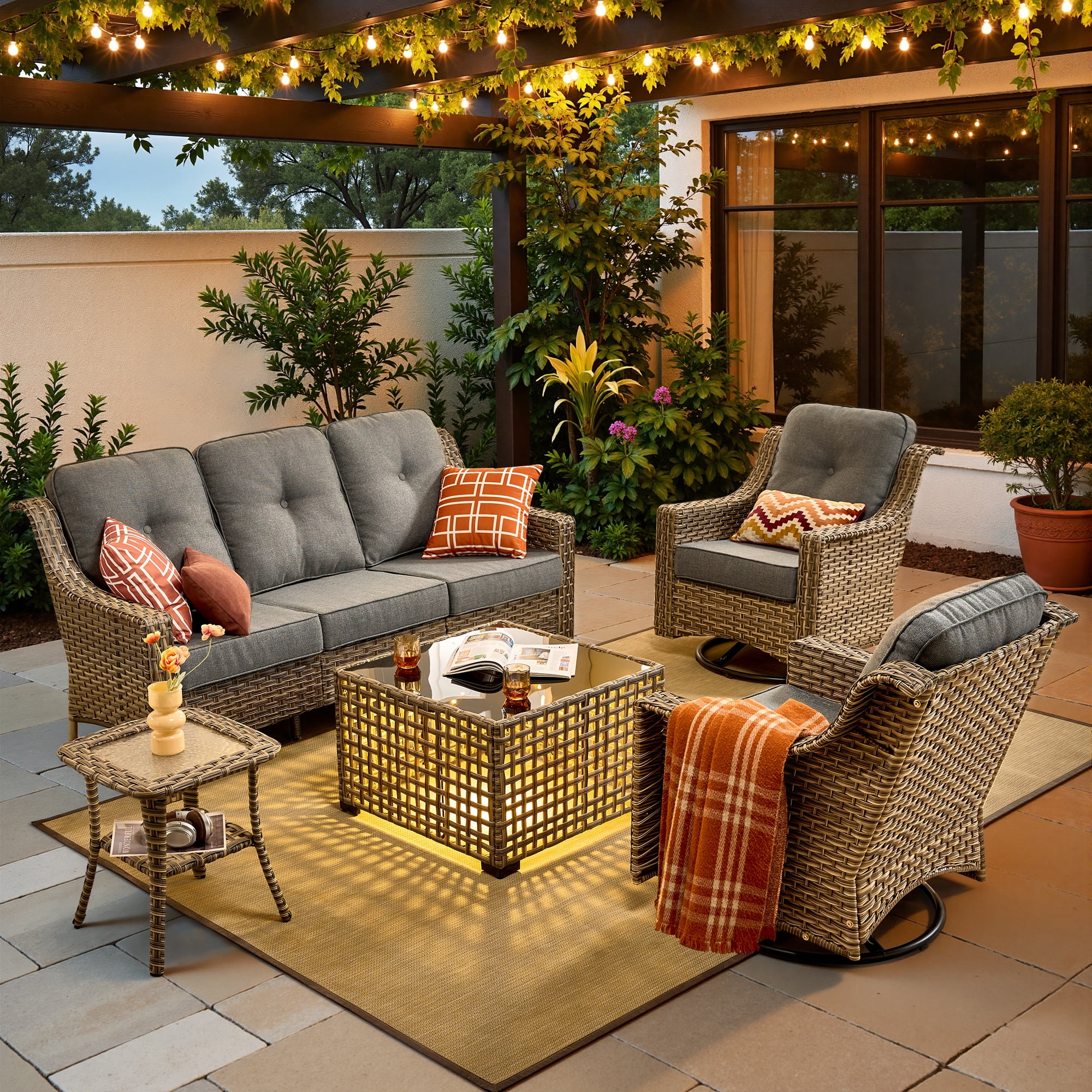 XIZZI Outdoor Furniture Patio Furniture Set 5 Piece Patio Conversation Set with Solar Coffee Table,Swivel Rocking Chair,Side Table-Dark Grey