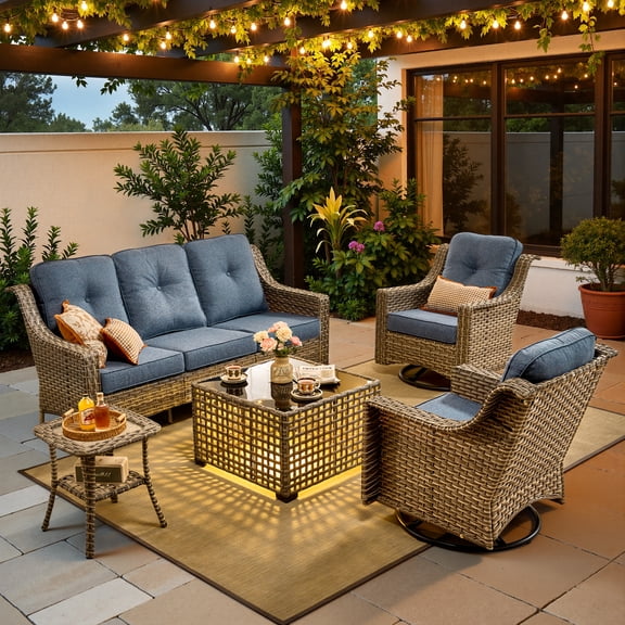 XIZZI Outdoor Furniture Patio Furniture Set 5 Piece Patio Conversation Set with Solar Coffee Table,Swivel Rocking Chair,Side Table-Denim Blue