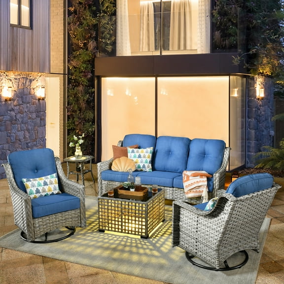 XIZZI Outdoor Furniture Patio Furniture Set 5 Piece Patio Conversation Set with Solar Coffee Table,Swivel Rocking Chair,Side Table-Diamond Blue